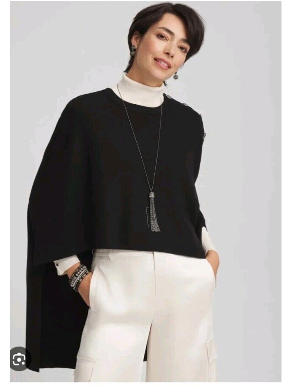 Chicos High Low Sweater Poncho Womens Black Button Shoulder Knit Layer Cape OS